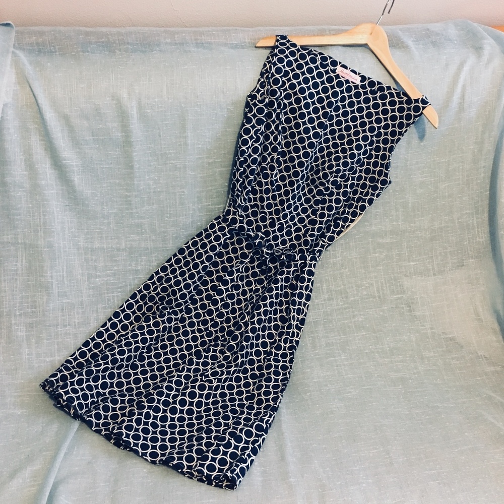 Navy and White Patterned Tea Length Dress